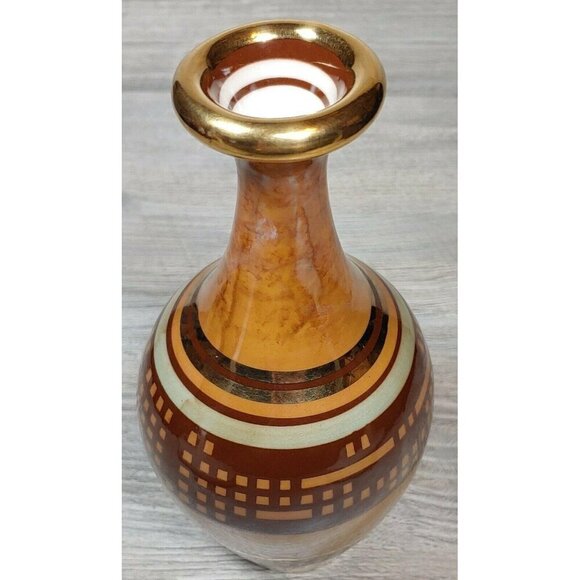 VTG Studio Art Pottery Gold Rim Hand Painted Brown Stoneware Pot Vase Dripped - Picture 6 of 12